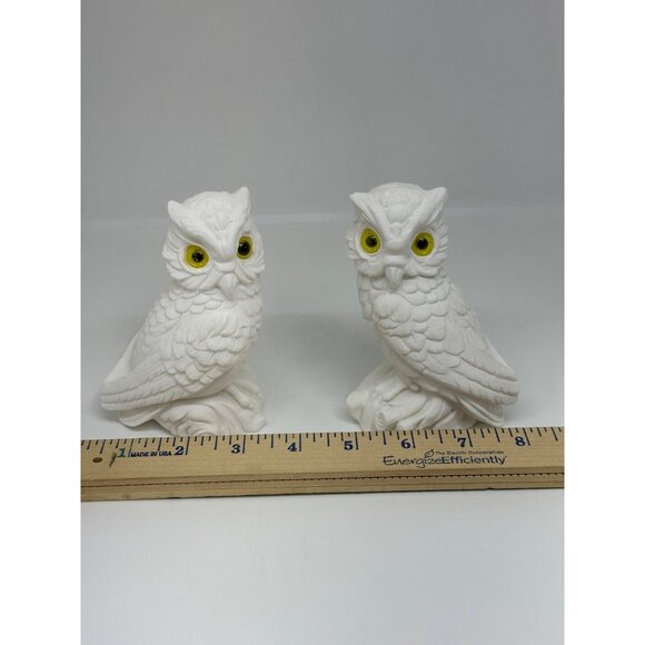 VTG Alabaster White Owl Figurines Yellow Eyes Set of 2 Italy Mid Century 3.5"x4" - Picture 8 of 10